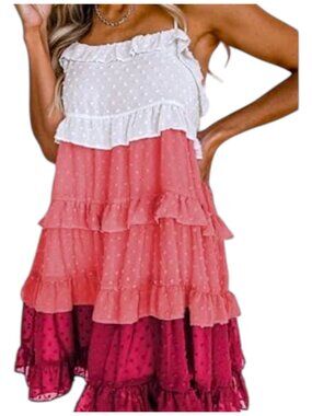 Swiss Dot Babydoll Mini Dress Pink Ombre Tiered Ruffle XL